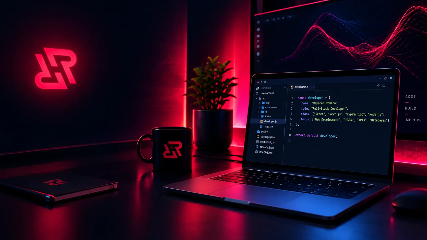 Escritorio con laptop mostrando código y luces de neón rojas